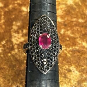 Carol Brodie Rarities Ring Sz 7 Art Deco Sterling Silver, Ruby & Black Spinel
